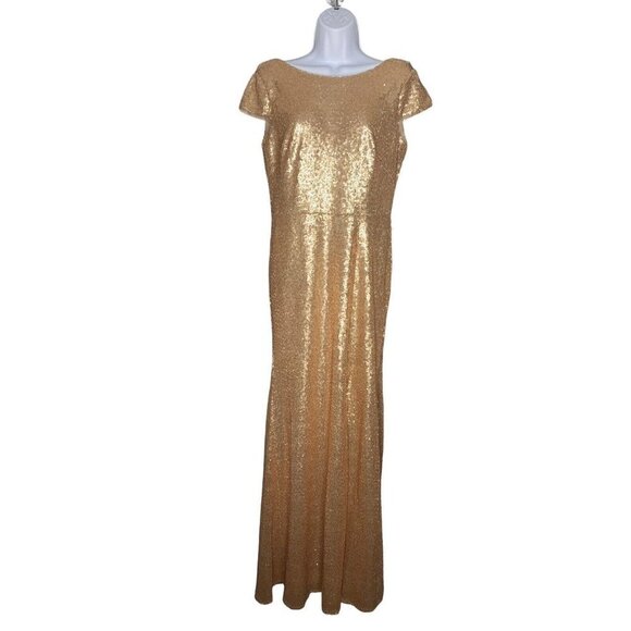 DESSY COLLECTION Cap Sleeve Cowl-back Sequin Gown Front Slit In Rose Gold Sz 6R - Picture 2 of 9